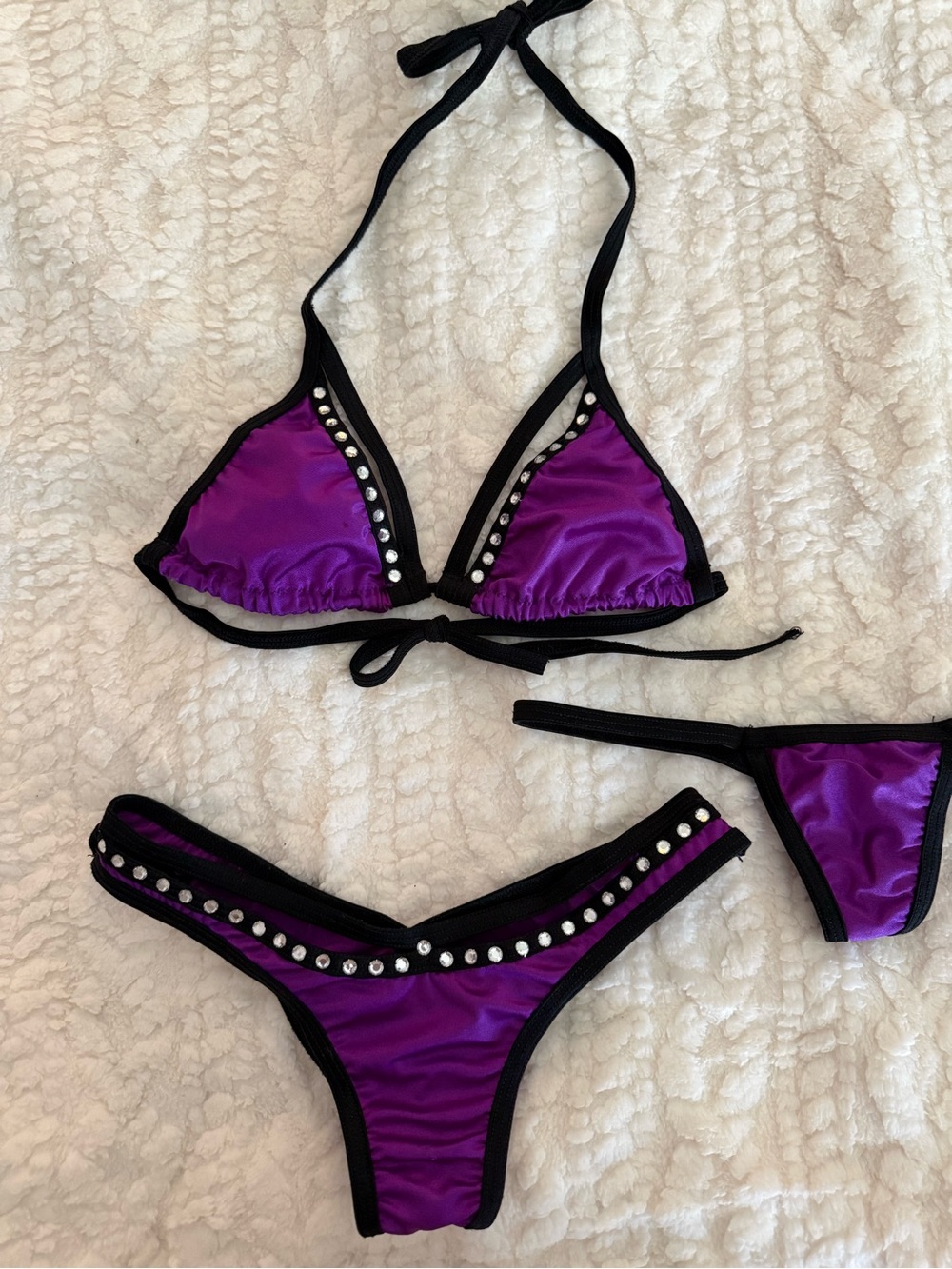 Purple Studded Triangle Bikini Set with Black Trim - Unbranded